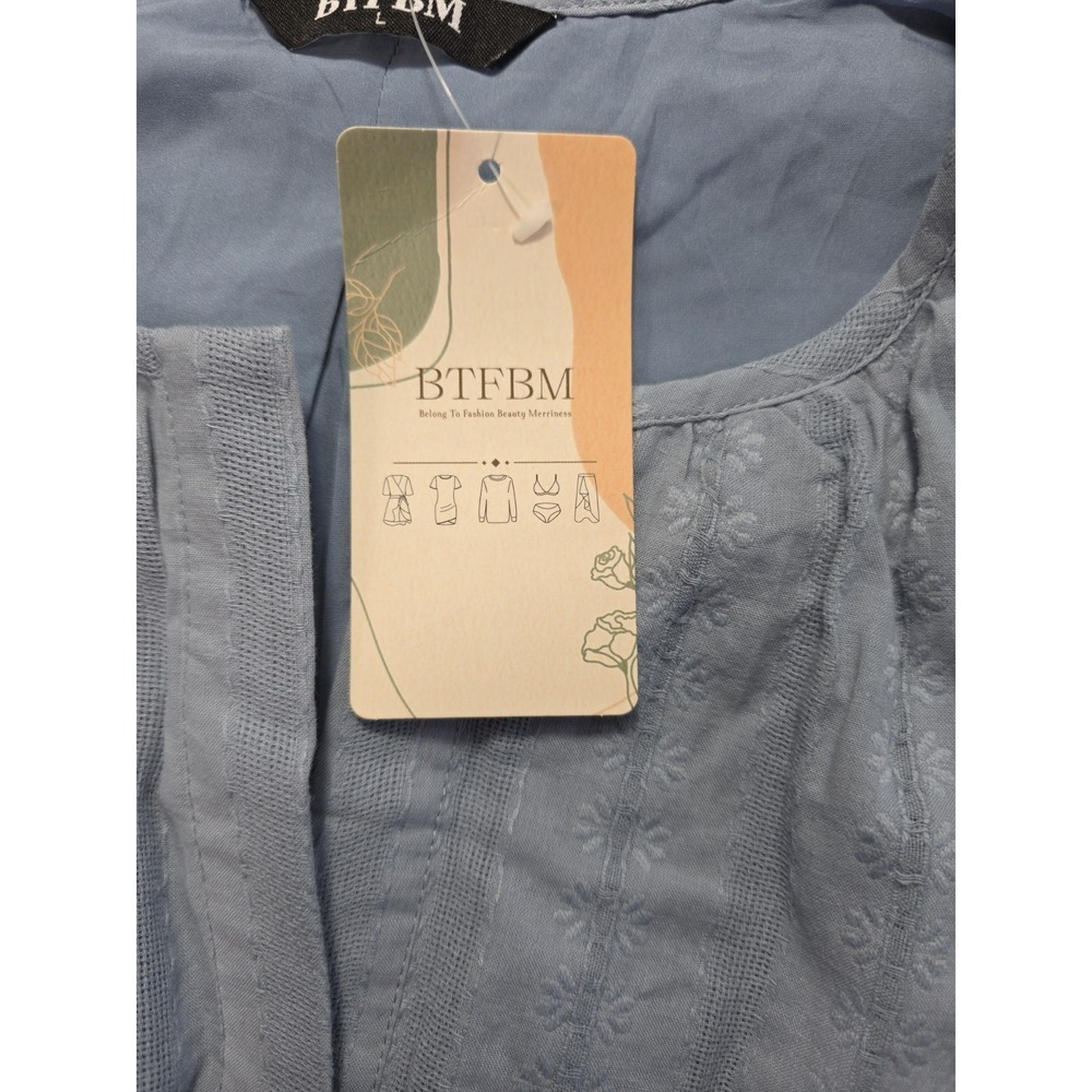BTFBM Women's Light Blue Cotton Tiered Midi Dress Puff Sleeve Lined Size L NWT - Picture 10 of 15